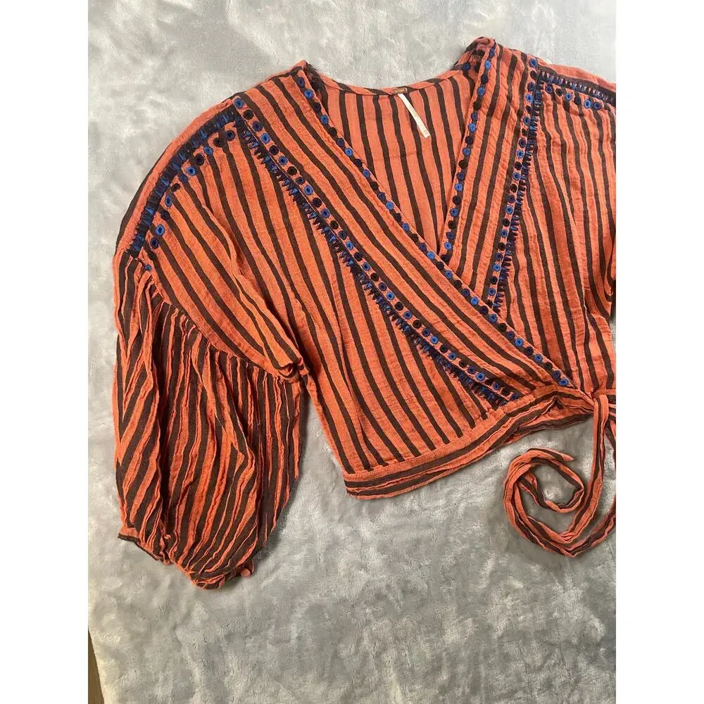 Free People Barcelona Nights Wrap Top S Embroidered Boho Puff Sleeve Festival XS